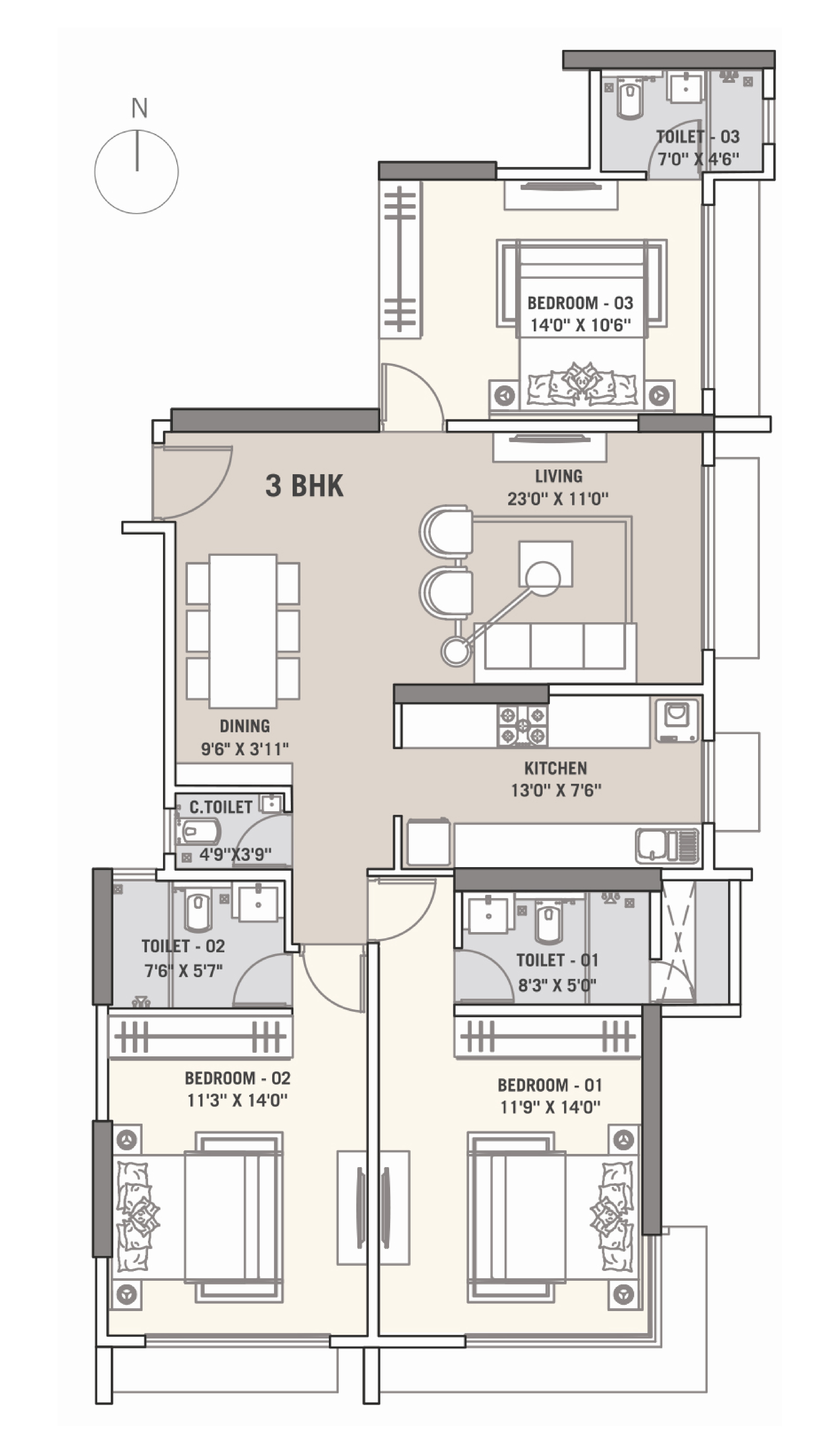 3 BHK floor plan
