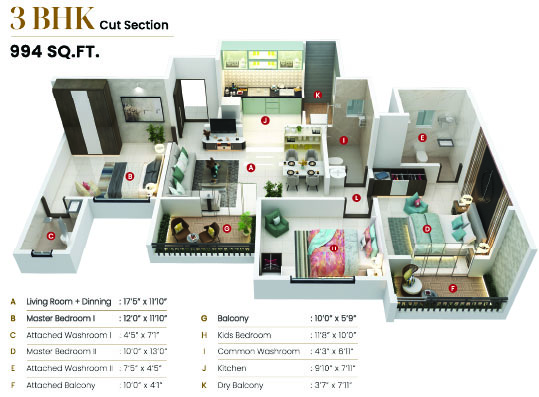 3BHK floor plan