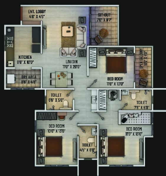 3BHK floor plan