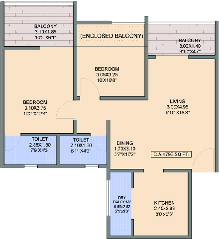 2BHK floor plan