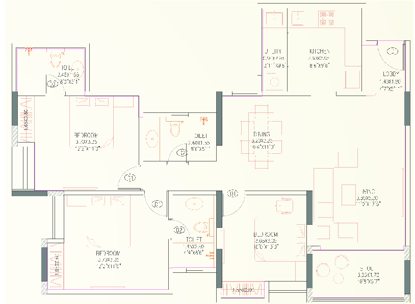 3BHK floor plan