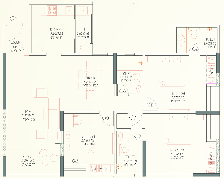 3BHK floor plan