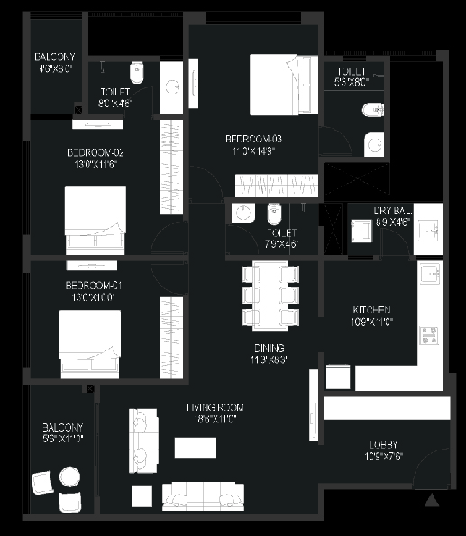 3BHK floor plan