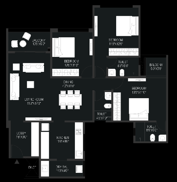 3BHK floor plan
