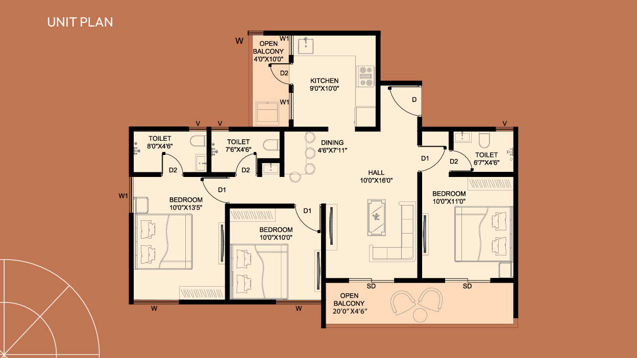3BHK floor plan
