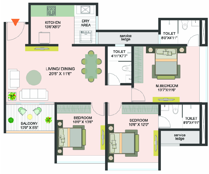 3 BHK floor plan