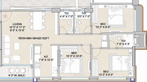 3 BHK floor plan