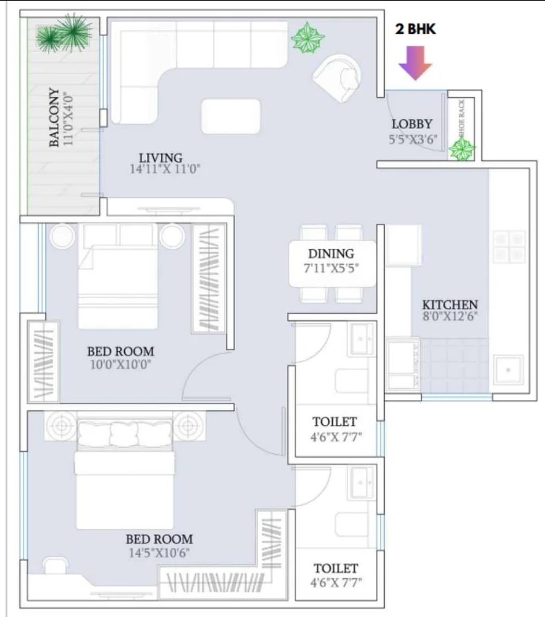 2BHK floor plan