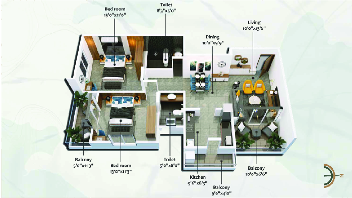 2BHK floor plan
