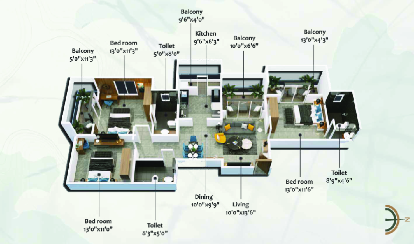 3 BHK floor plan