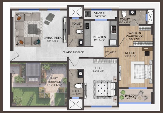 2BHK floor plan