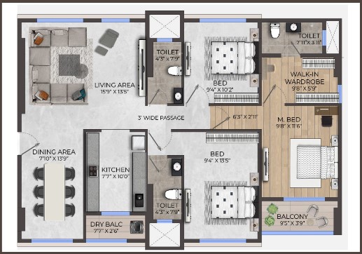 3 BHK floor plan