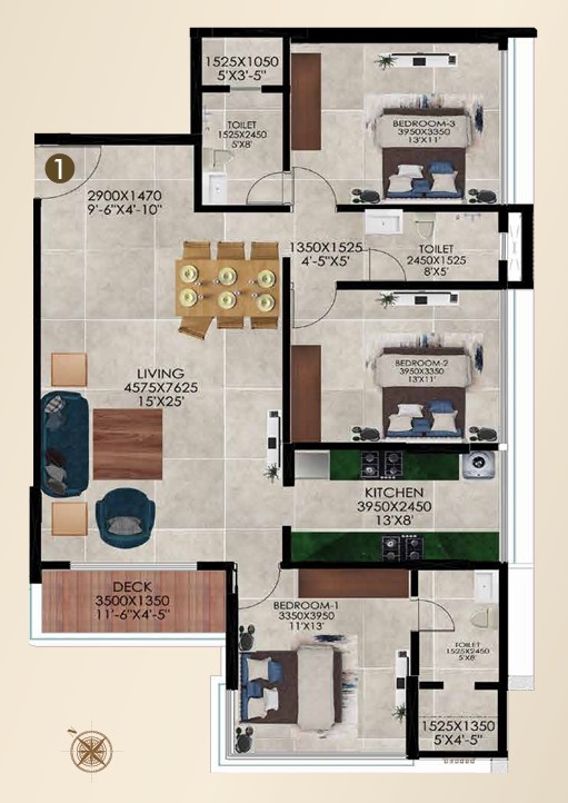 3 BHK floor plan
