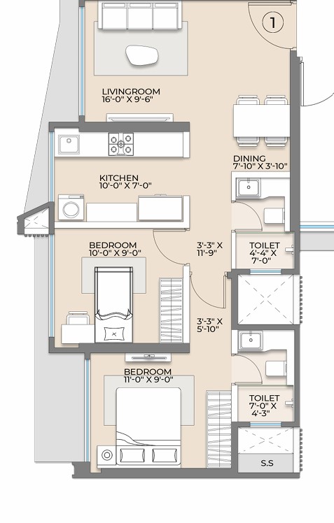 2BHK floor plan