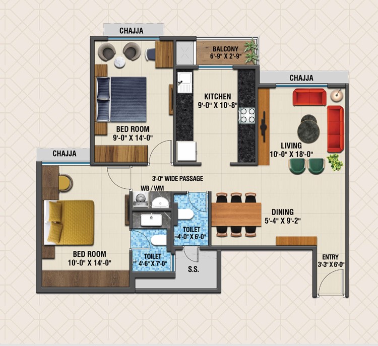 2 BHK floor plan