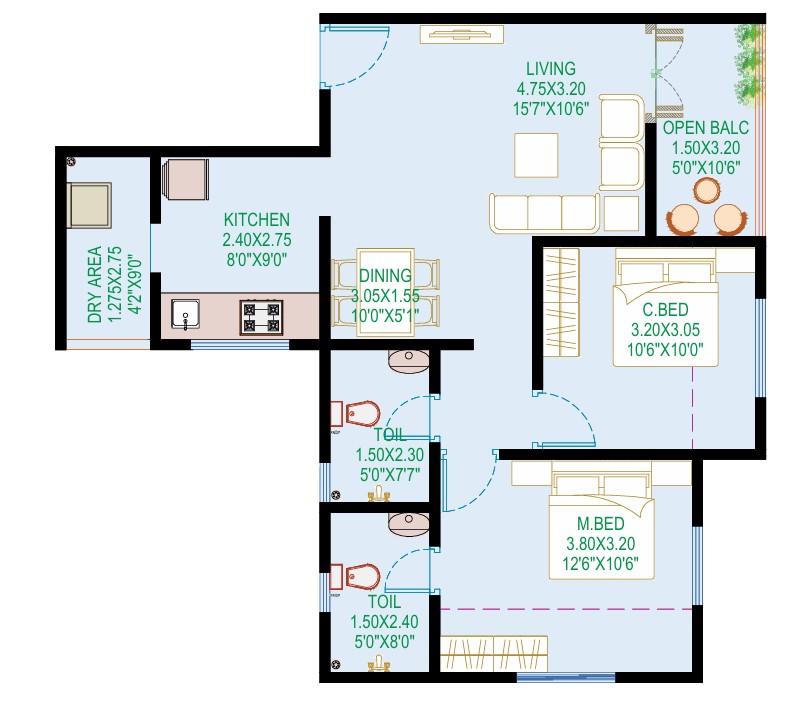 2 BHK floor plan