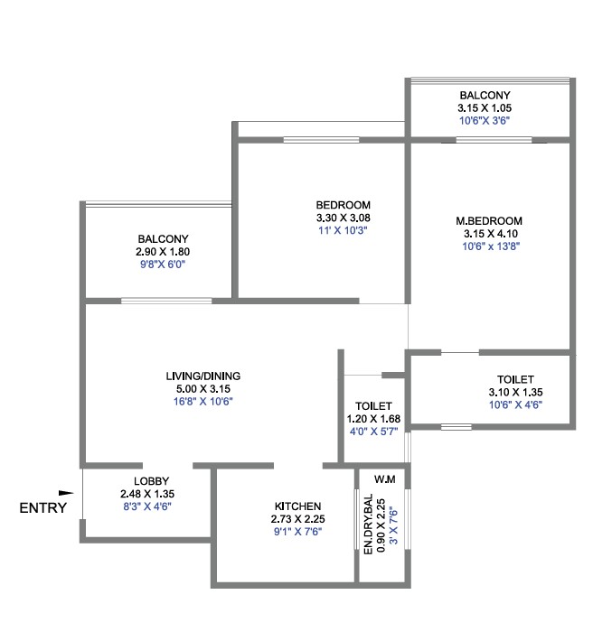 2 BHK floor plan