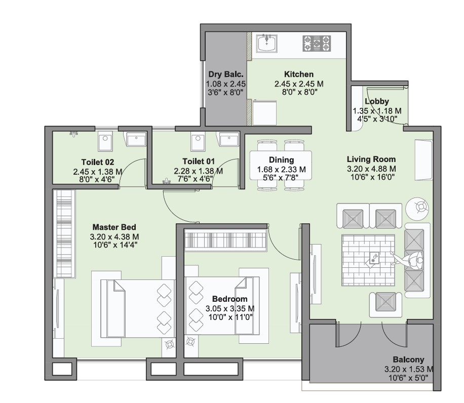 2 BHK floor plan