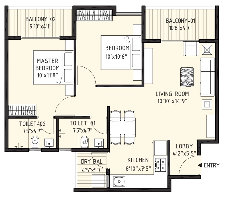 2 BHK floor plan