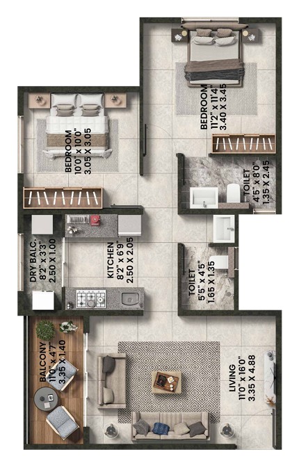 2 BHK floor plan