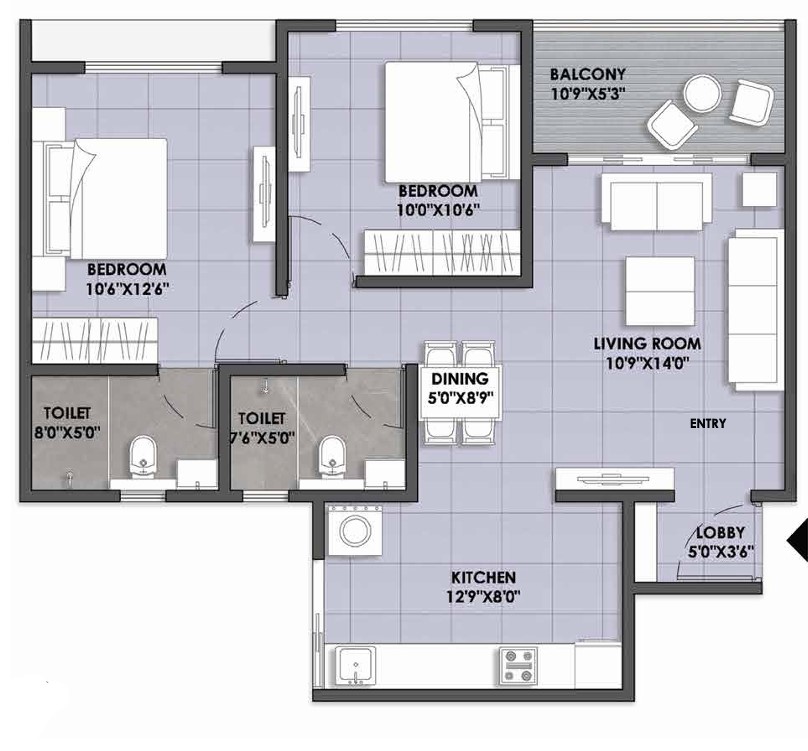 2 BHK floor plan