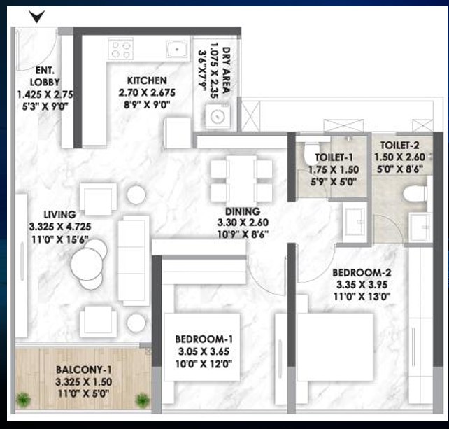 2 BHK floor plan
