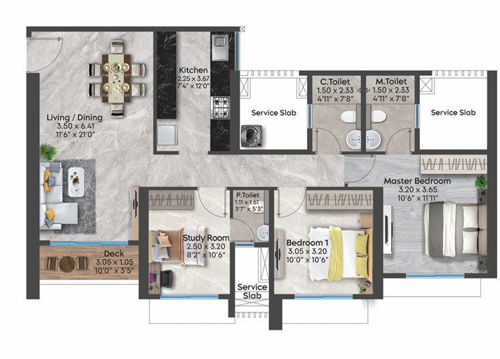 3 BHK floor plan