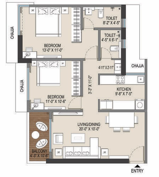2 BHK floor plan