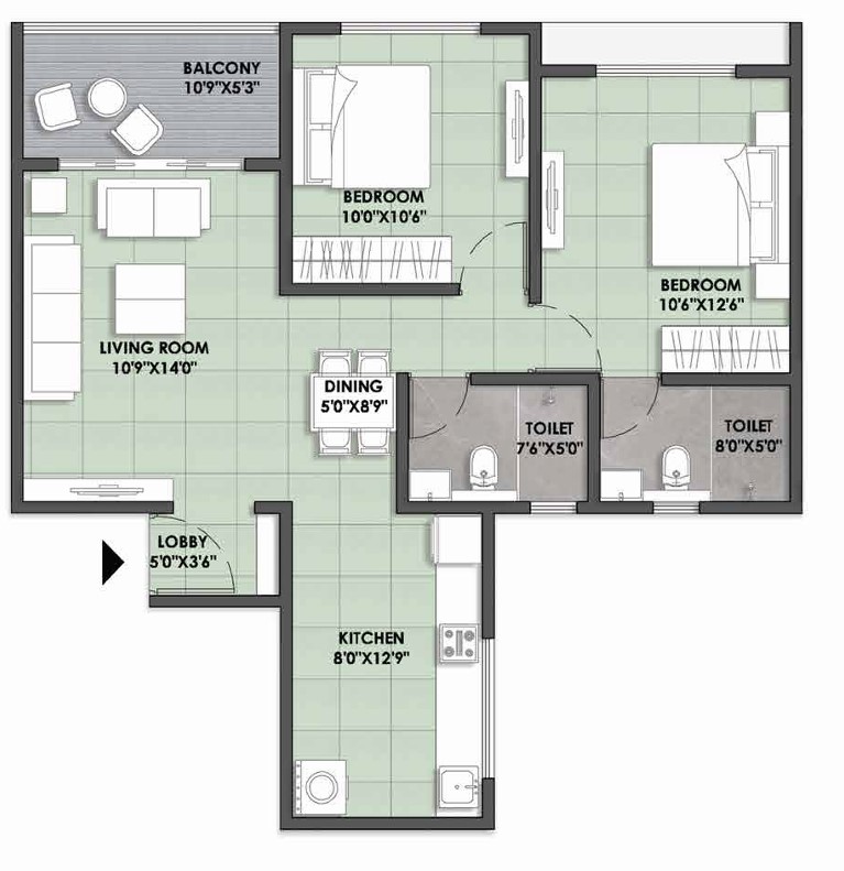 2 BHK floor plan