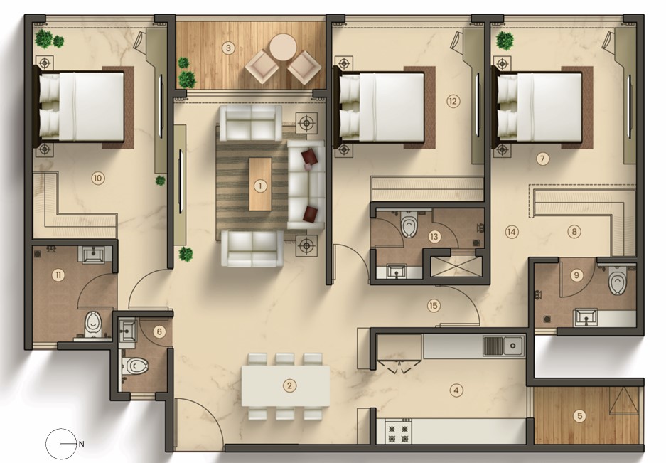 3 BHK floor plan