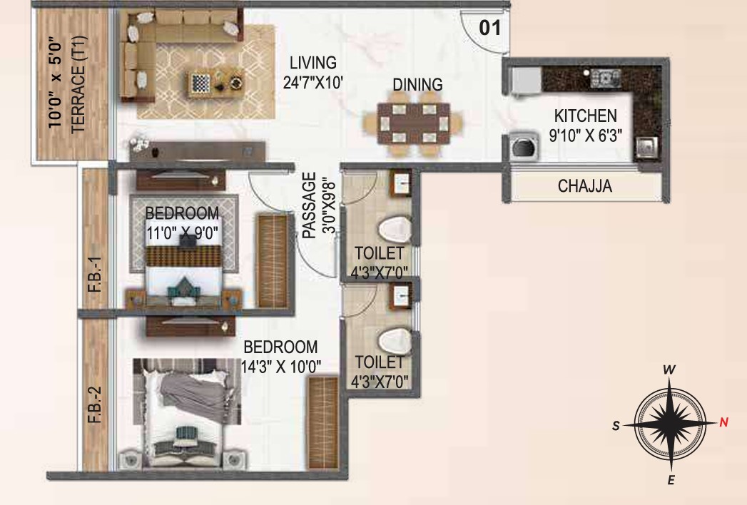 2 BHK floor plan