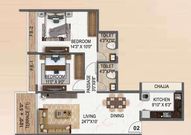 2 BHK floor plan