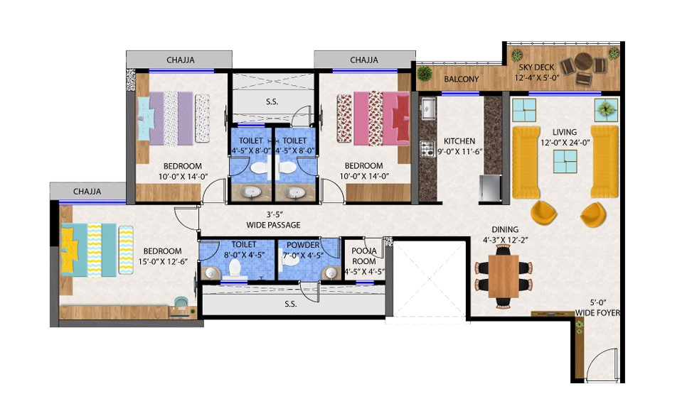 3 BHK floor plan