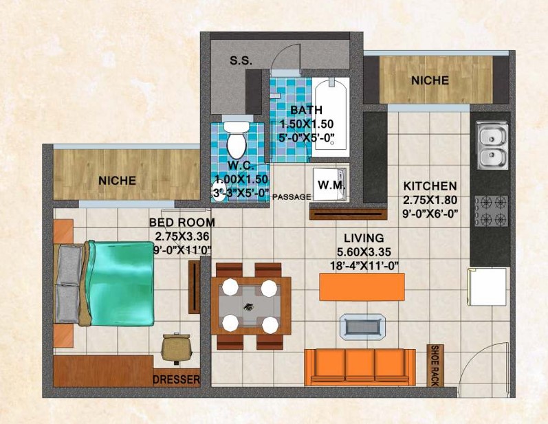 1 BHK floor plan
