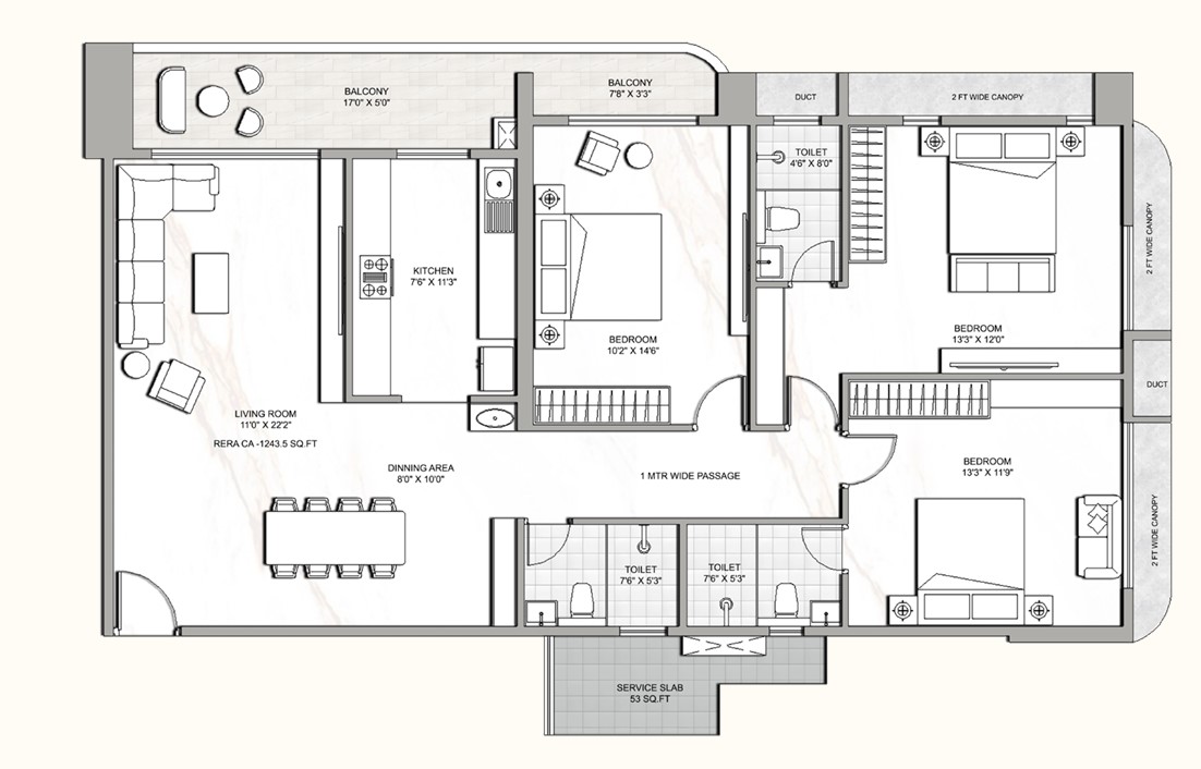 3 BHK floor plan