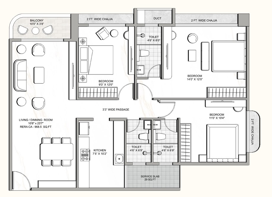 3 BHK floor plan