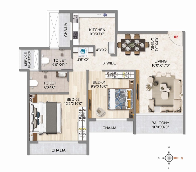 2 BHK floor plan