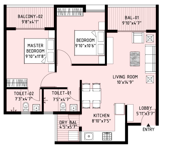 2 BHK floor plan