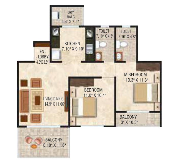 2 BHK floor plan