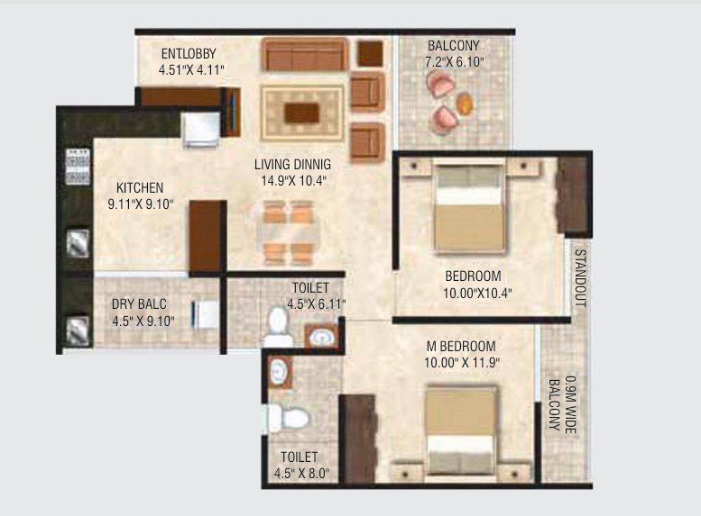 2 BHK floor plan