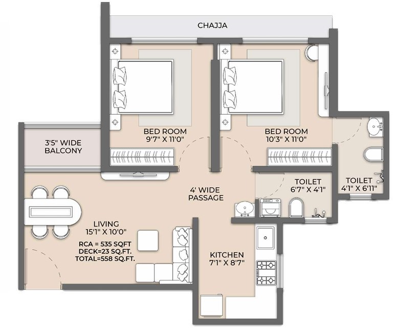 2 BHK floor plan