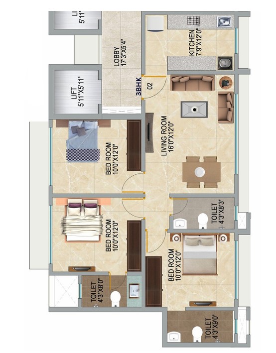 2 BHK floor plan