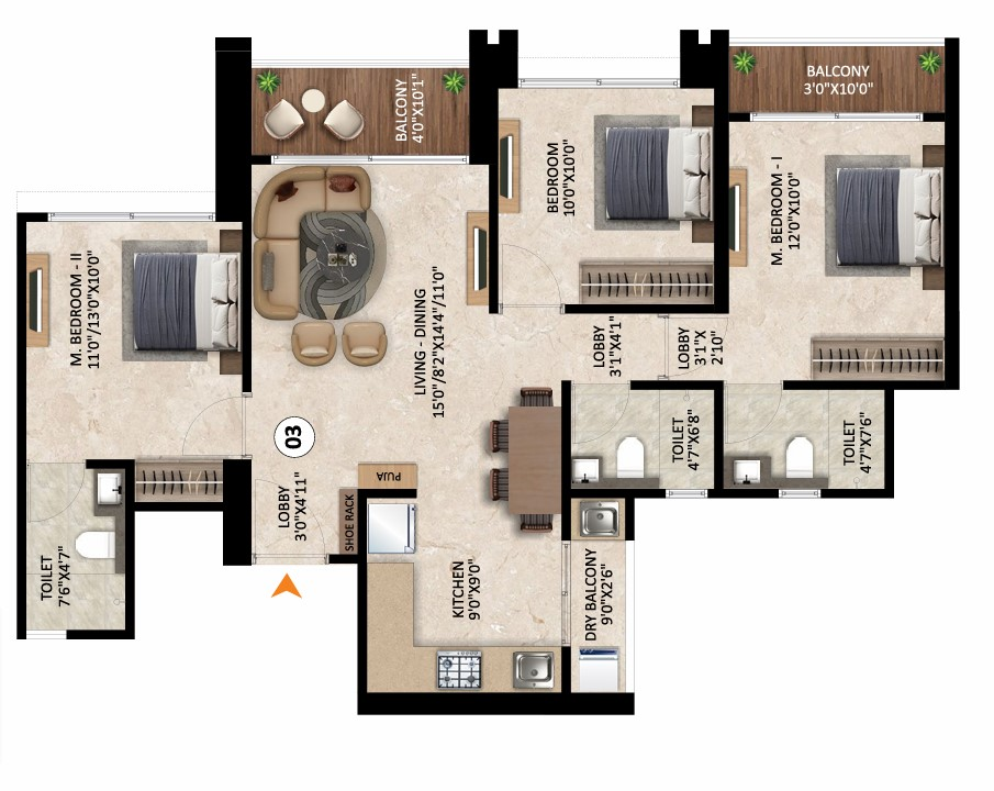 3 BHK floor plan