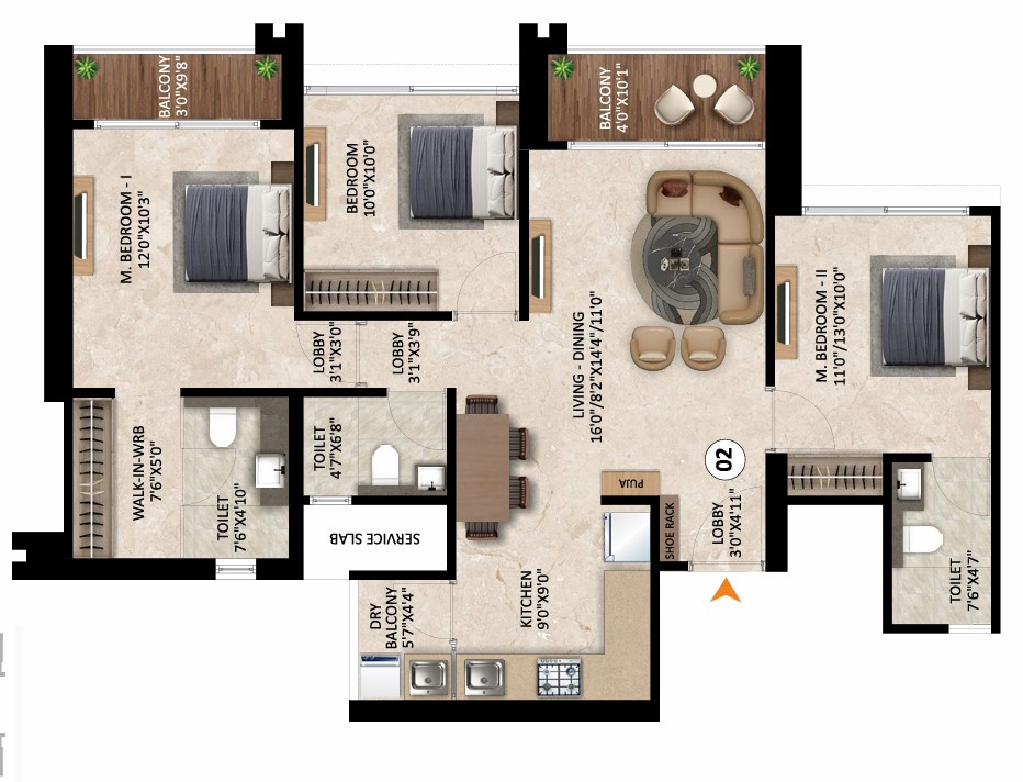 3 BHK floor plan
