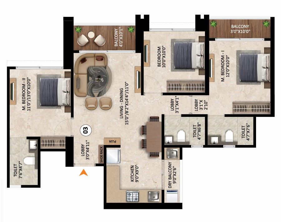 3 BHK floor plan