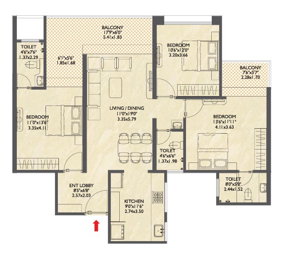 3 BHK floor plan
