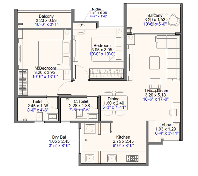 2 BHK floor plan