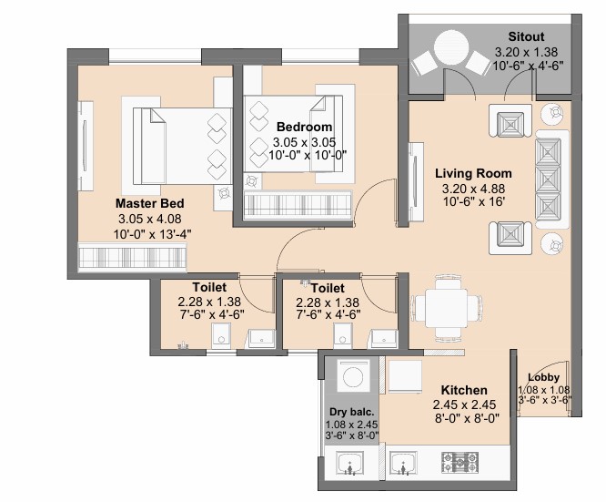 2 BHK floor plan