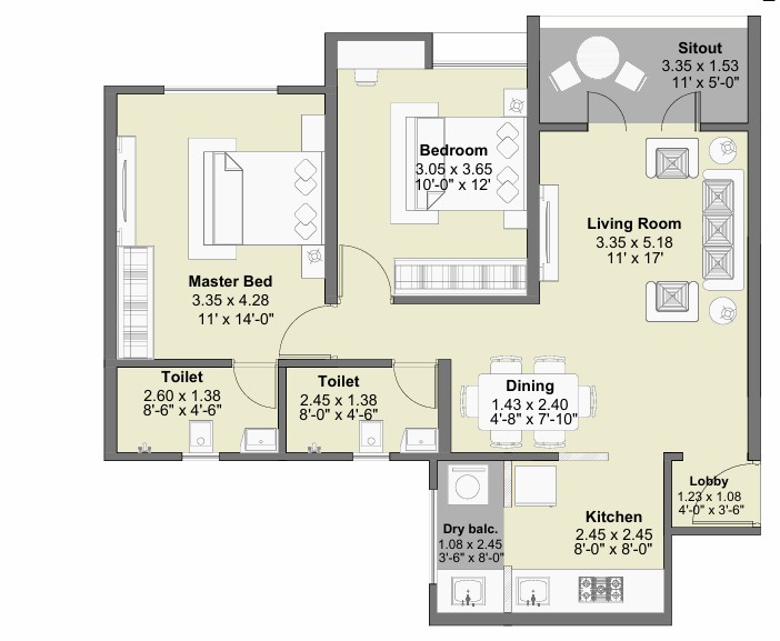 2 BHK floor plan