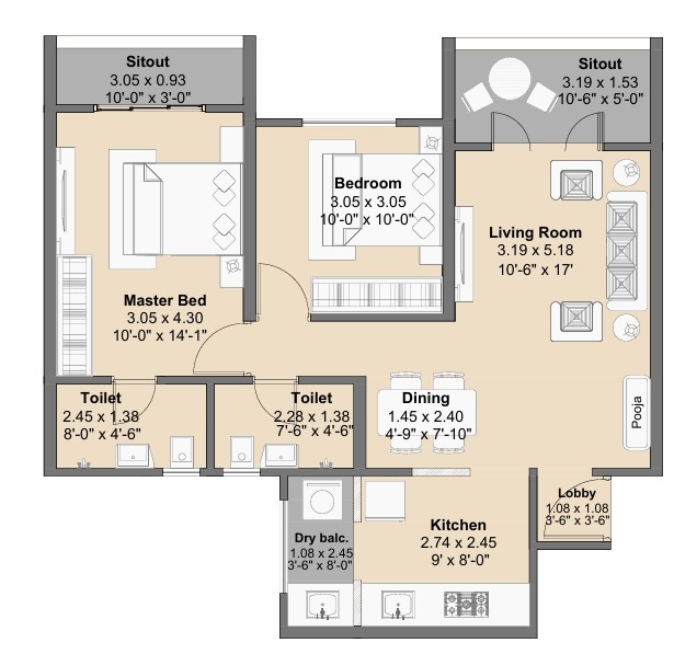 2 BHK floor plan